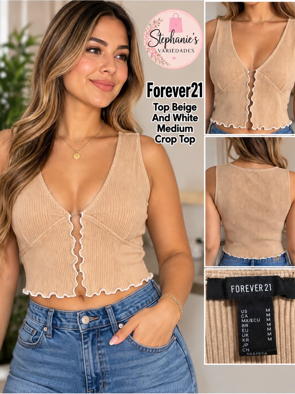 Forever 21 Beige Ribbed V-Neck Crop Top with White Scalloped Trim